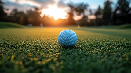 Golf Ball on Green at Sunset