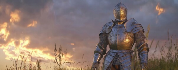 Medieval knight wearing armor standing in field at sunset