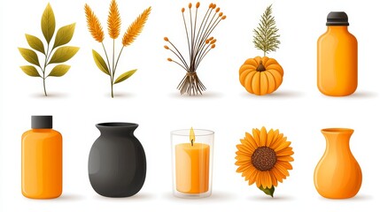 Isolated Set of Symbolic Elements Featuring Orange Bottles, Pumpkin, Sunflower, Candle, and Dried Plants on a Clean White Background for Creative Uses