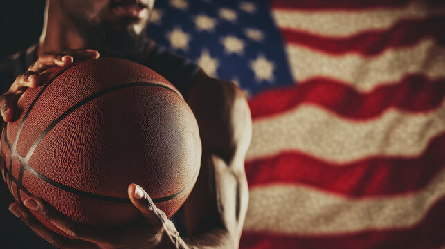 A close-up photo shows a Black basketball player holding a ball, with an American flag waving behind him. It represents the sport, competition, and pride in being American.