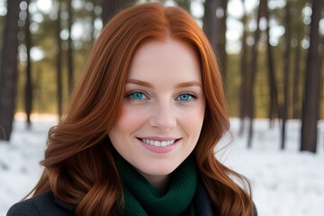 Obraz premium Portrait of a happy woman in winter with a snowy background.