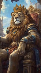 Fototapeta premium Majestic lion king sitting on ornate throne, wearing golden crown and armor