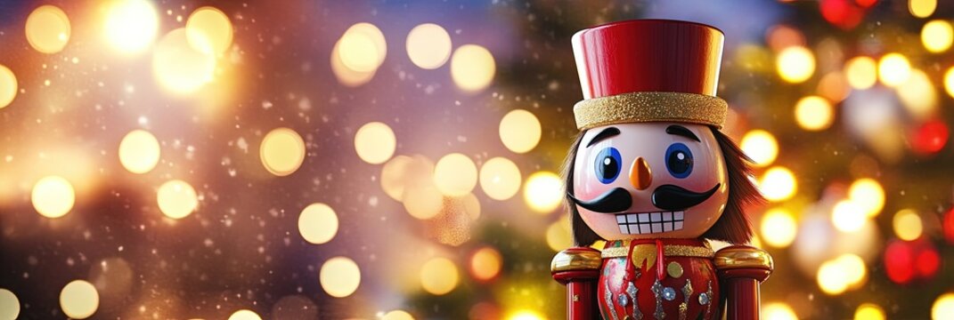 Adorable 3D animated cartoon nutcracker, christmas background, copy space 