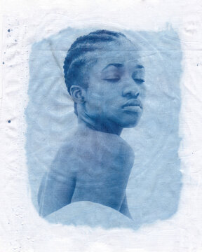 Cyanotype on fabric of a woman in profile