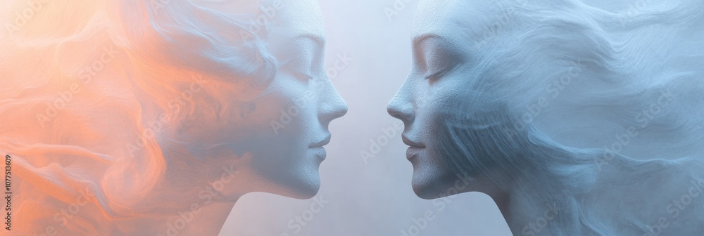 Aufkleber Two abstract silhouettes of faces in soft pastel shades convey a sense of communication and empathy, blending together harmoniously. Generative AI