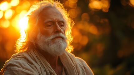 Elderly Man with White Beard in Sunset