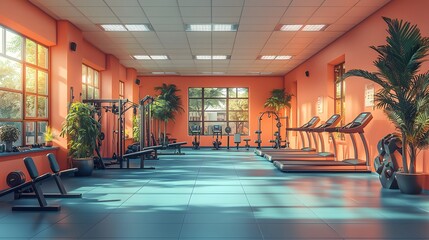 Modern Gym Interior with Orange Walls and Natural Light