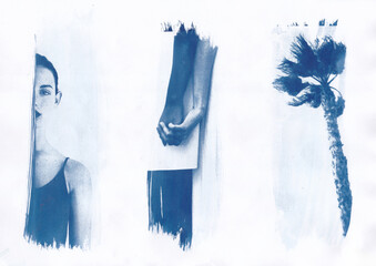 Triptych of portrait, hands, and tree cyanotype
