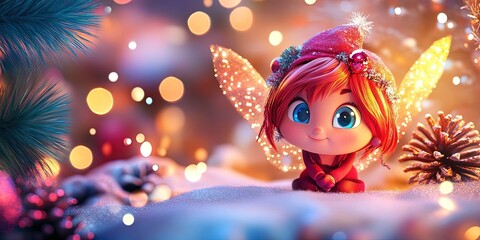 Adorable 3D animated cartoon fairy, christmas background, copy space 