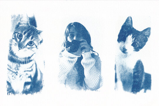 Cyanotype of a woman with two cats