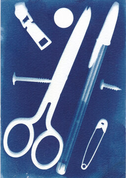 Cyanotype of everyday office objects