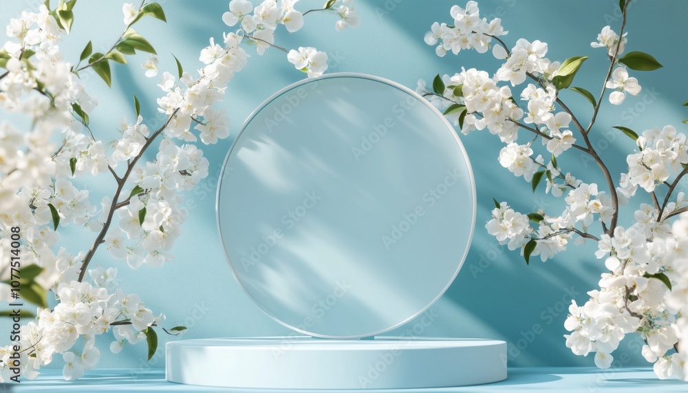 Poster empty podium on blue background with circular pedestal for product display: cosmetic stand for sale 