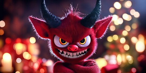 Adorable 3D animated cartoon devil, christmas background, copy space 