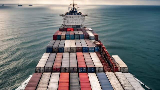 Containers, transportation, ship in the ocean. Container transportation import concept. Cargo, container, ship at sea. Cargo, containers, transportation, lifestyle ocean, sea.