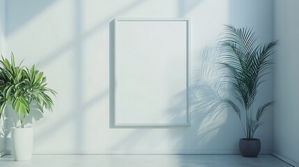 A minimalistic interior with a blank frame and decorative plants, emphasizing space and light.