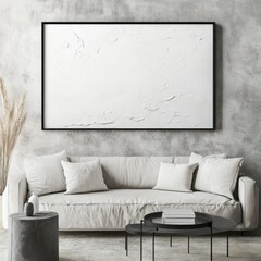 Empty frame on the wall of a spacious, contemporary living room, with clean, modern design elements and a minimalist aesthetic â€“ar