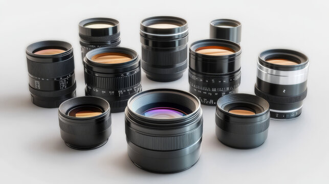 A collection of DSLR camera lenses, each a different size and with unique ways of reflecting light.