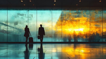 Silhouettes of travelers at an airport during sunset, creating a serene atmosphere.