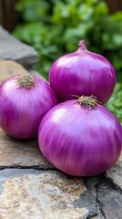 Three purple onions resting on a stone surface with greenery in the background.