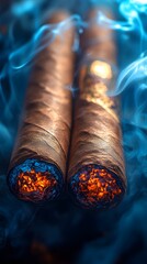 Two lit cigars emitting smoke with glowing embers, set against a dark background.