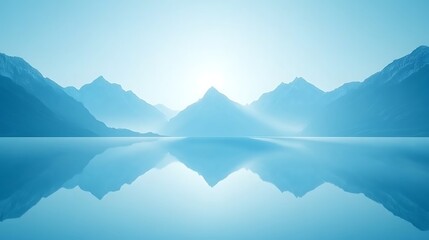 Serene mountain landscape with a tranquil lake reflecting a soft blue hue.