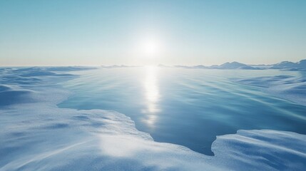 Obraz premium A serene arctic landscape with a sunlit blue lake and snow-covered hills