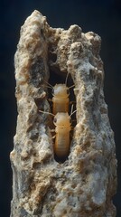 Two pale insects emerging from a crevice in a textured rock formation.