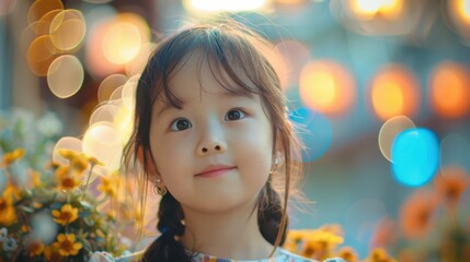 Fototapeta premium Amidst a vivid backdrop, an adorable Asian boy's shy demeanor captures his sweet innocence and gentle nature