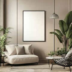 ISO A paper size frame mockup on a living room wall, featuring a modern interior with comfortable seating, clean lines, and a welcoming house environment â€“ar