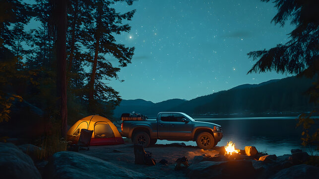 A rugged pickup truck parked at a lakeside campsite with camping gear a campfire and a tent set up nearby under the stars.