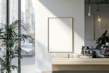 A modern caf? interior featuring a blank frame, plants, and a coffee station.