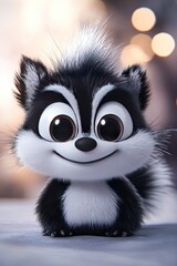 Obraz premium A smiling, fluffy, soft, 3D cartoon character skunk with big eyes, long eyelashes