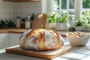 bread baking artistry, artisan bread baking in a sunny kitchen with visible raw ingredients in the background