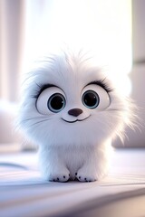 Obraz premium A smiling, fluffy, soft, 3D cartoon character puppy with big eyes, long eyelashes