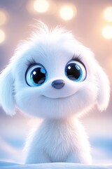 Obraz premium A smiling, fluffy, soft, 3D cartoon character puppy with big eyes, long eyelashes