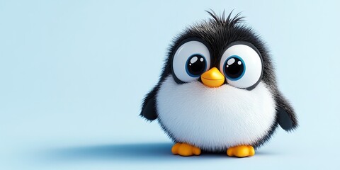 Fototapeta premium A smiling, fluffy, soft, 3D cartoon character penguin with big eyes, long eyelashes 