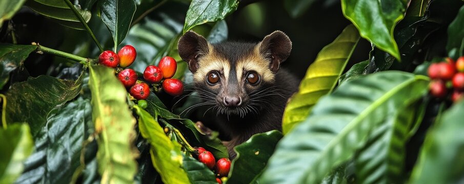 Common palm civet eating ripe coffee berries on coffee plant