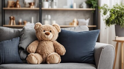 Large teddy bear with open arms, leaning on a pillow on the couch. generative ai