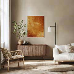 Minimalistic spring living room with warm tones, wooden sideboard, white sofa, green plant base with fresh leaves, stylish lamp, and a decorative mock-up poster on the wall â€“ar