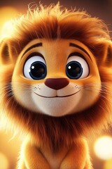 Fototapeta premium A smiling, fluffy, soft, 3D cartoon character lion with big eyes, long eyelashes 