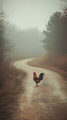 Obraz premium Rooster standing on a dirt road in a misty forest