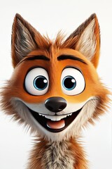 A smiling, fluffy, soft, 3D cartoon character coyote with big eyes, long eyelashes 