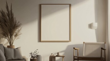 Mockup poster frame hanging in a Scandinavian-inspired living room, with light oak furniture, soft textiles, and minimalist decor, ultra-realistic 3D render.