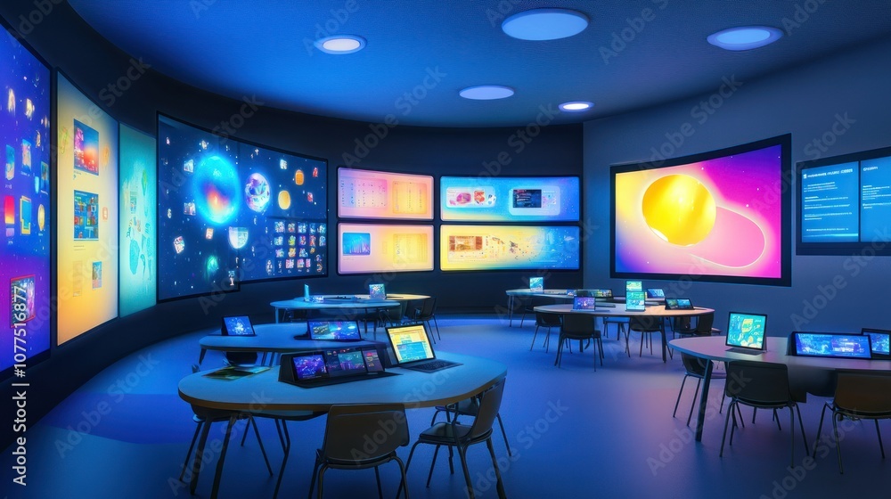 Poster futuristic room with monitors displaying colorful abstract art