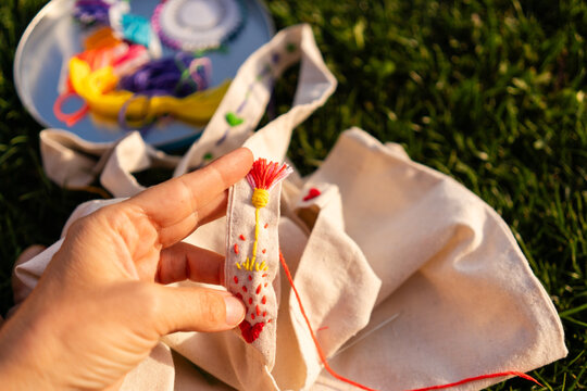 Hand Embroidery on Fabric Outdoors