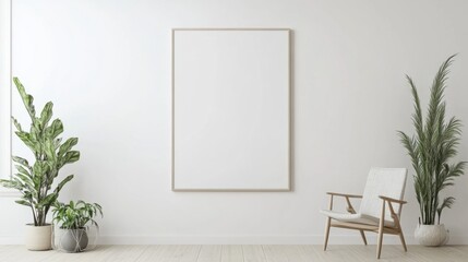 Mockup poster frame on a white wall in a Scandinavian-inspired hipster interior, natural wooden decor, contemporary furniture, ultra-realistic 3D render.