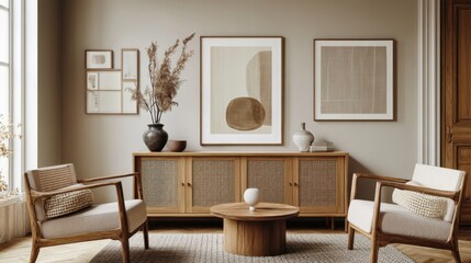 Mockup poster frame placed on a Scandinavian-style wall, surrounded by light wood furniture, contemporary decor, and soft neutral tones, ultra-realistic 3D render.