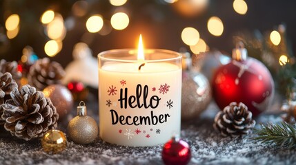 Burning candle celebrating hello december with christmas decoration