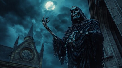Obraz premium Skeleton wizard, demonic figure, swirling dark magic, night sky