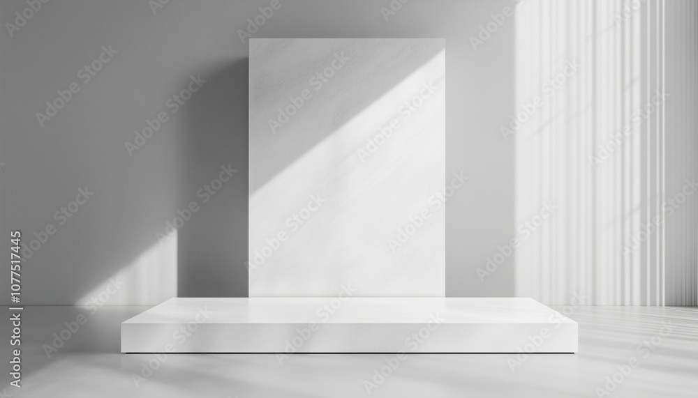 Poster white podium platforms for product display: empty stands for presenting products in 3d render. ideal